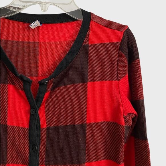 Old Navy Thermal Knit One-Piece Pajama Women's Sz L Red Black Plaid Cozy Buttons - Picture 8 of 16